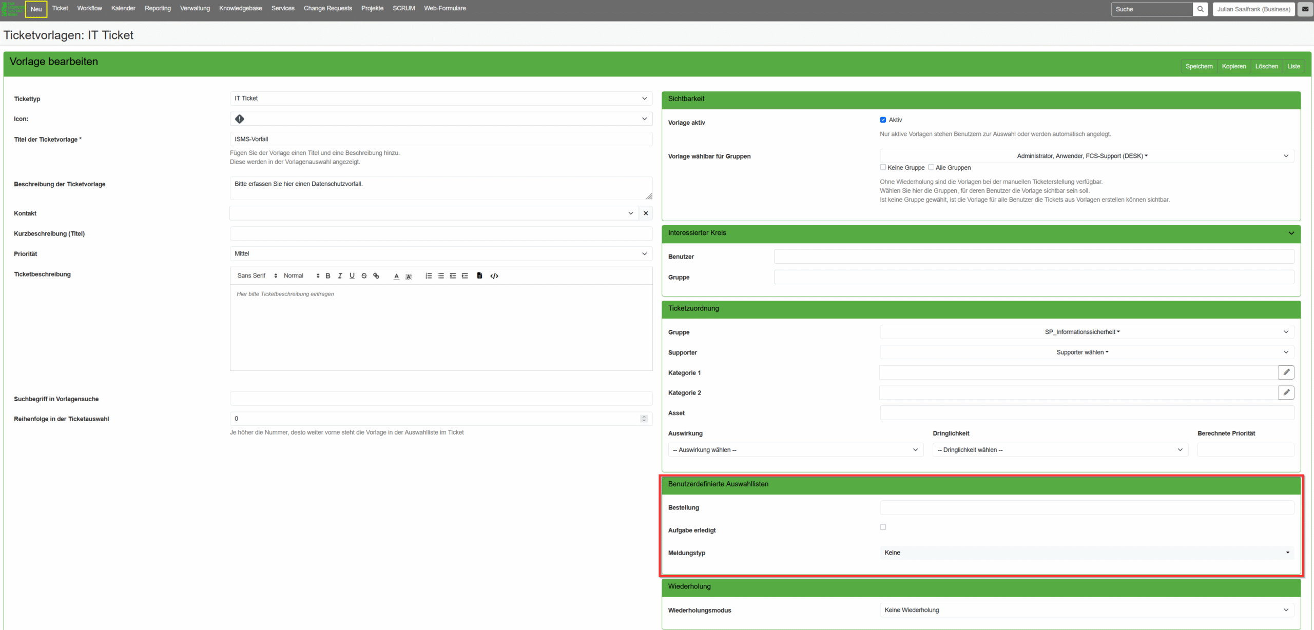 Erweiterung Ticketvorlagen Screenshot