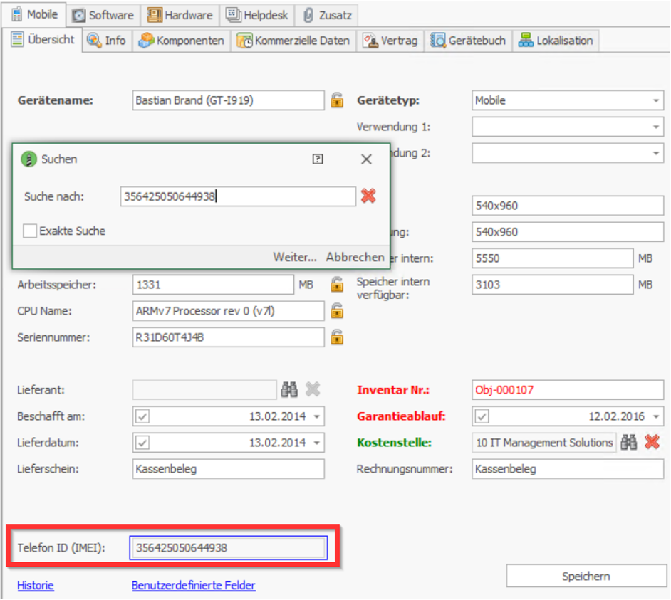 IMEI-Suche für mobile Endgeräte in Asset.Desk 8.14