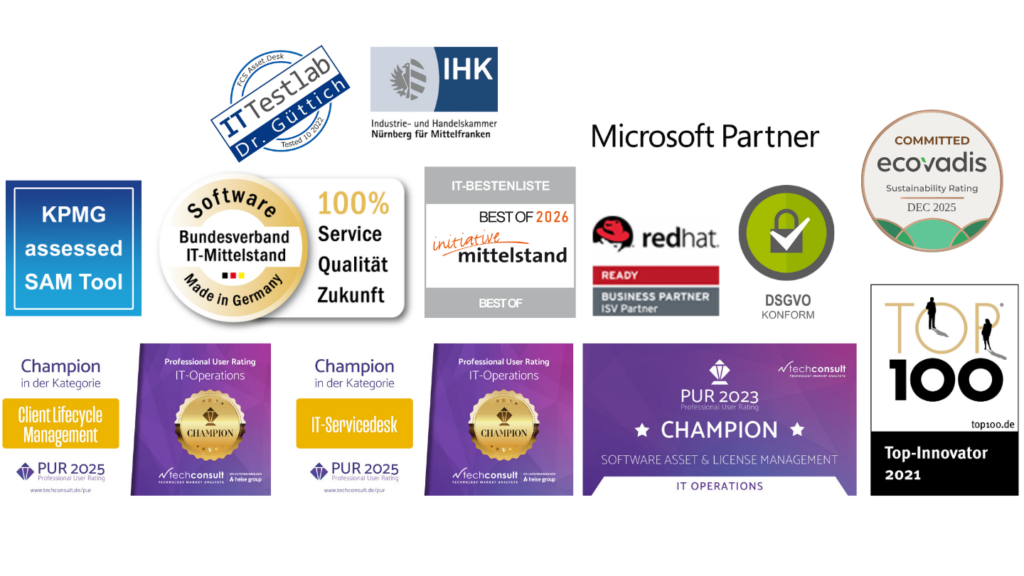FCS Fair Computer Systems Auszeichnungen und Zertifizierungen für IT-Asset-Management, SAM Tool, IT Service Desk, DSGVO-Konformität und Partnerstatus (Microsoft, Red Hat, KPMG, EcoVadis)