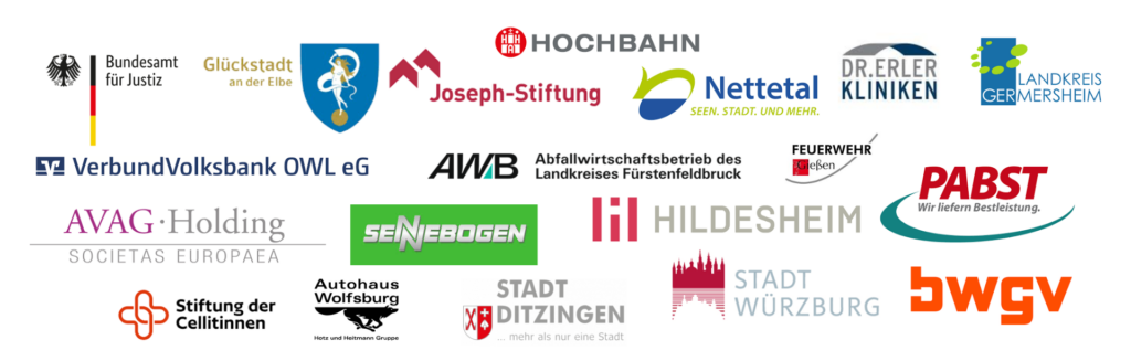 Auswahl von Referenzkunden des HEINZELMANN Service.Desk, darunter Bundesamt für Justiz, HOCHBAHN, Stadt Würzburg, Dr. Erler Kliniken, VerbundVolksbank OWL, Stadt Hildesheim und Landkreis Germersheim.