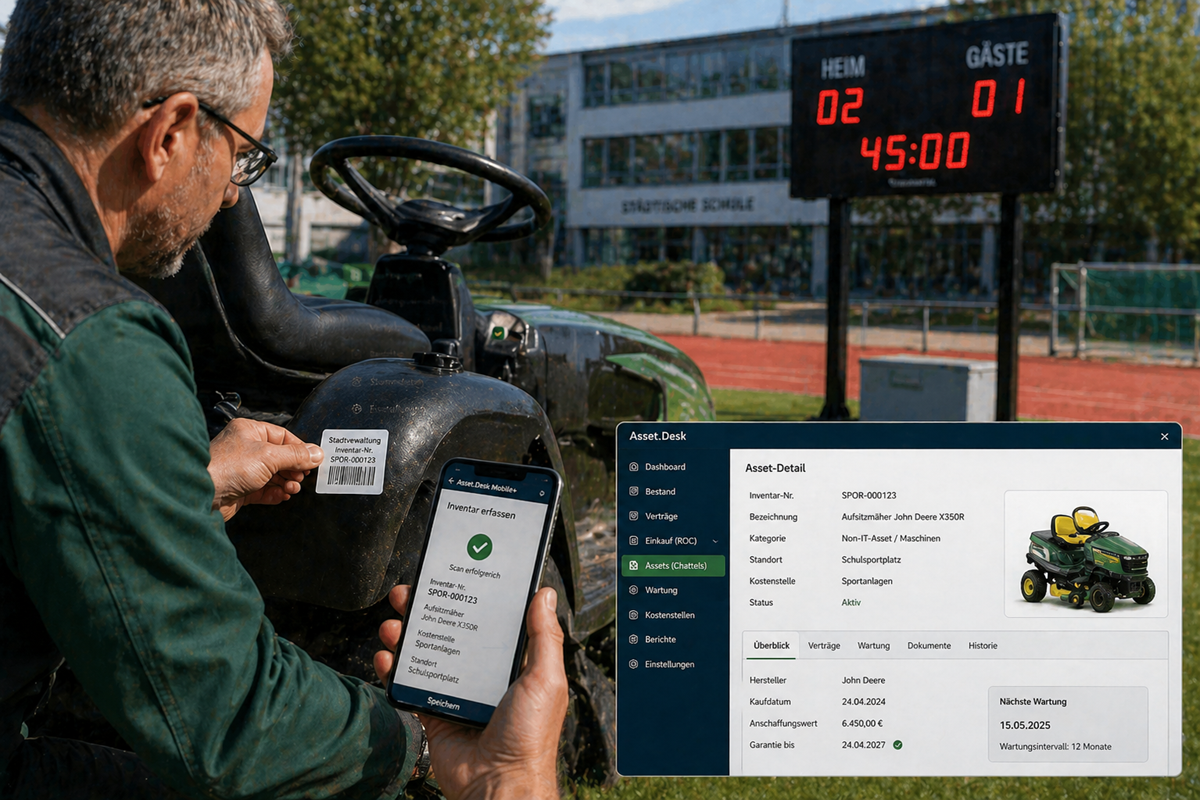 Inventarisierung eines Aufsitzmähers auf dem Schulsportplatz mit Asset.Desk Mobile+ durch Barcode-Etikett und Smartphone-Scan