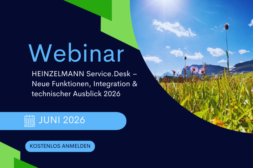 Webinar-Banner für den HEINZELMANN Service.Desk am 02. Juni 2026 mit Informationen zu neuen Funktionen, modernen SSO-Integrationen und dem technischen Ausblick auf PHP 8.5.