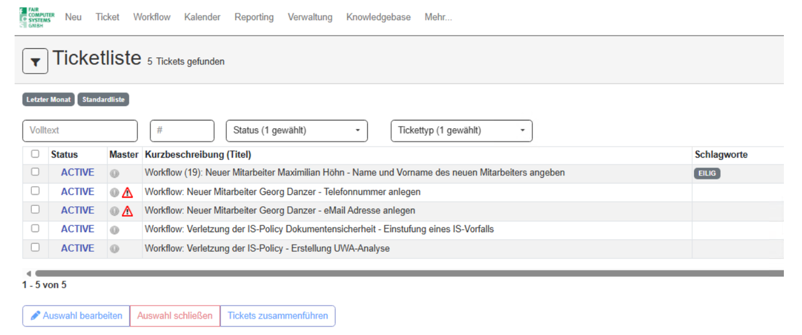 Ticketliste im HEINZELMANN Service.Desk mit Schlagwort zur Kennzeichnung einer Workflow-Aktivität