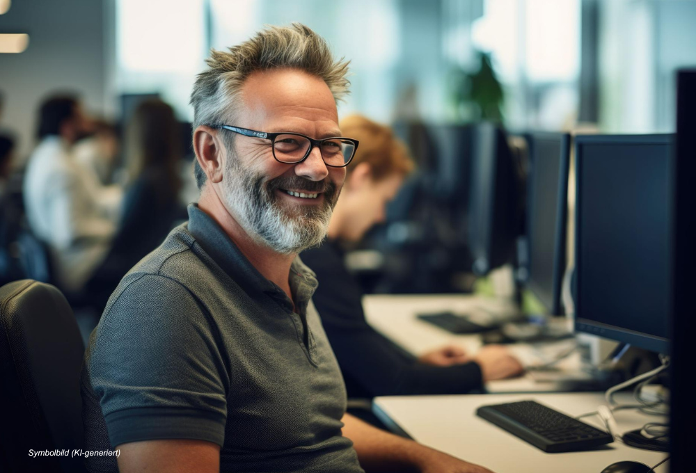 Fotorealistisches, KI-generiertes Symbolbild eines lächelnden, bärtigen Mannes mit Brille im modernen Großraumbüro.